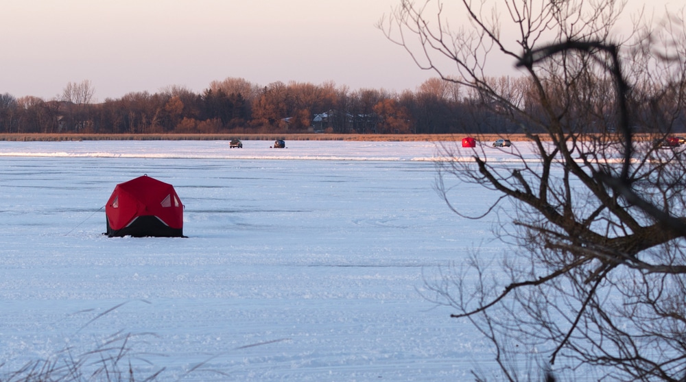 Shantys on the ice - a common sight for ice fishing in Minnesota
