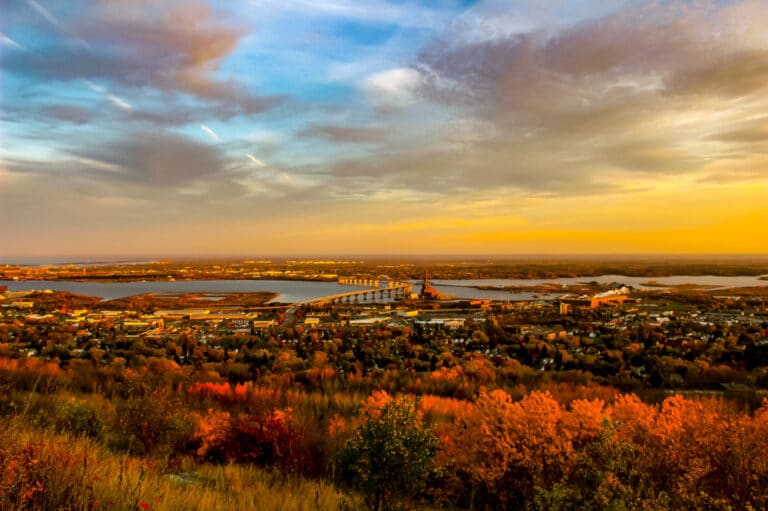 Fiery Minnesota Fall colors - aerial view over downtown Duluth