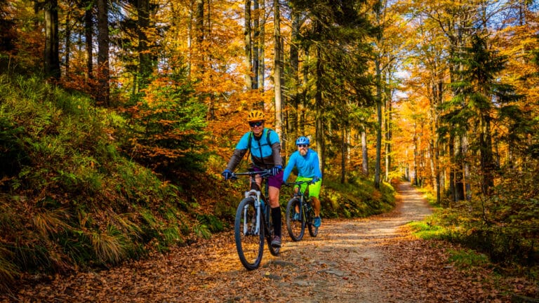 Two men cycling through gorgeous fall colors on Wisconsin Bike Trails like the Gandy Dancer Trail
