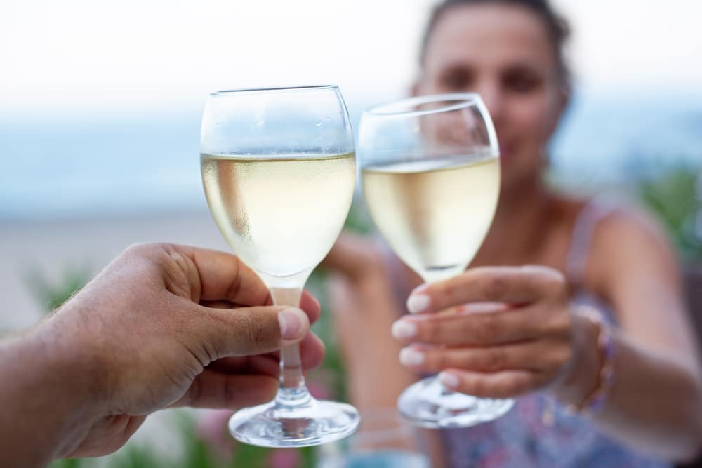 Couple enjoying two glasses of white wine at some of the best Wisconsin wineries 