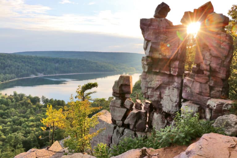 Towering rocks and the lake at Devils Lake State Park in Wisconsin, one of the best State Parks in the Midwest