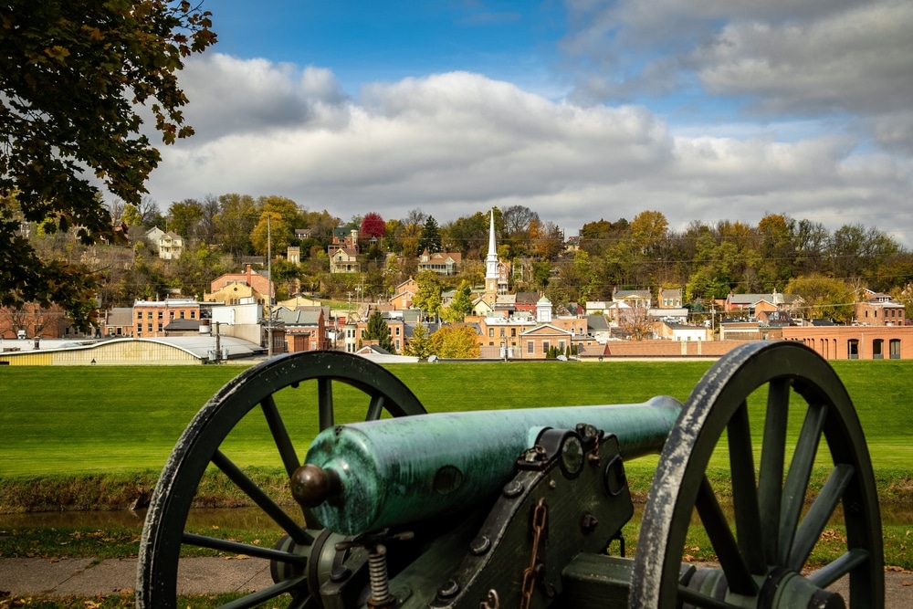 View of the cannon and skyline of Galena, one of the most charming towns in the state and one of the best things to do in Illinois
