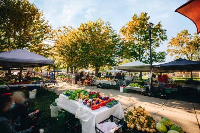 A park-like setup of one of the many Farmer's Markets in the Midwest