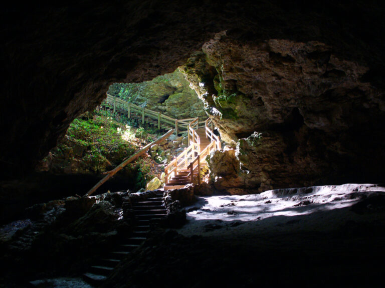 Stairs leading into a cave at Maquoketa Caves State Park in Iowa