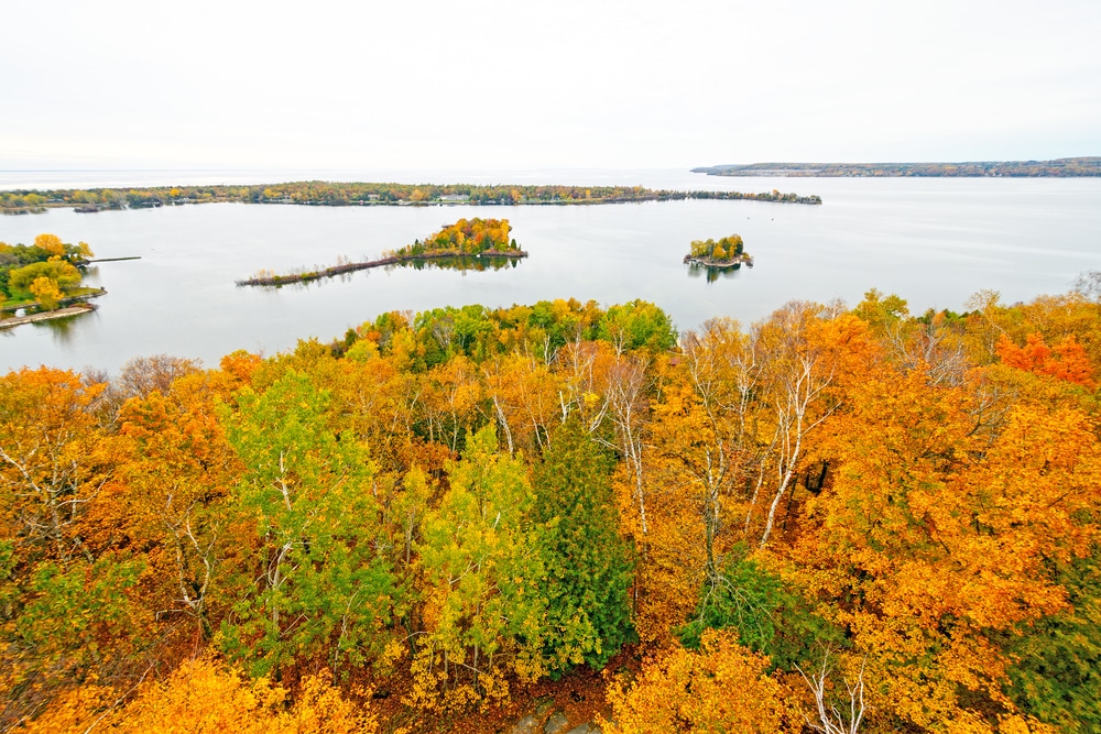 Quiet harbor in Door County, Wisconsin with fall colors