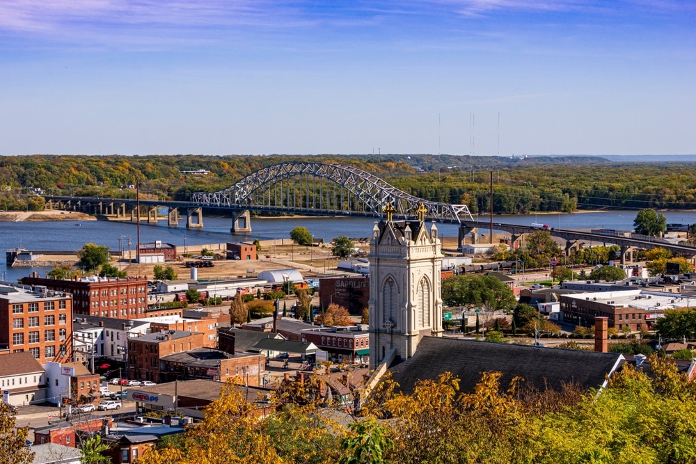 Aerial view of Downtown Dubuque in the fall