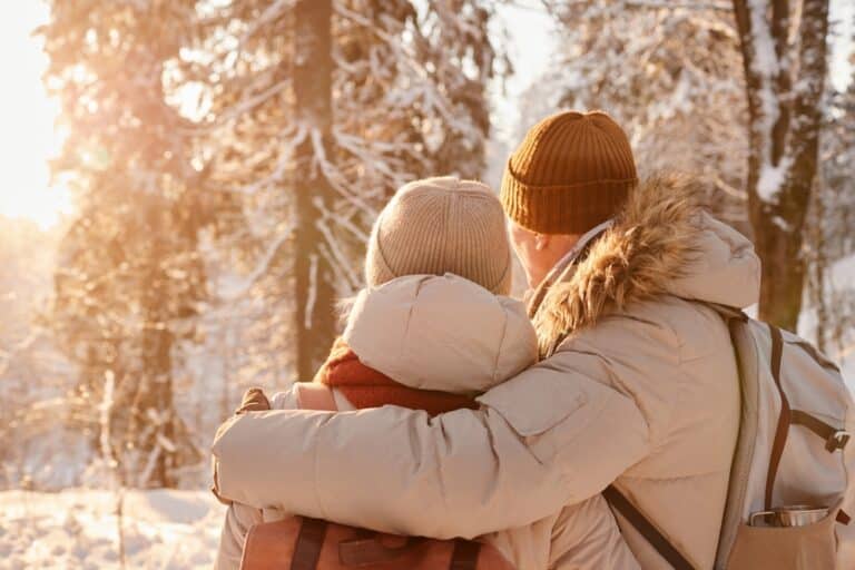 Couple enjoying winter scenery during romantic getaways in Wisconsin