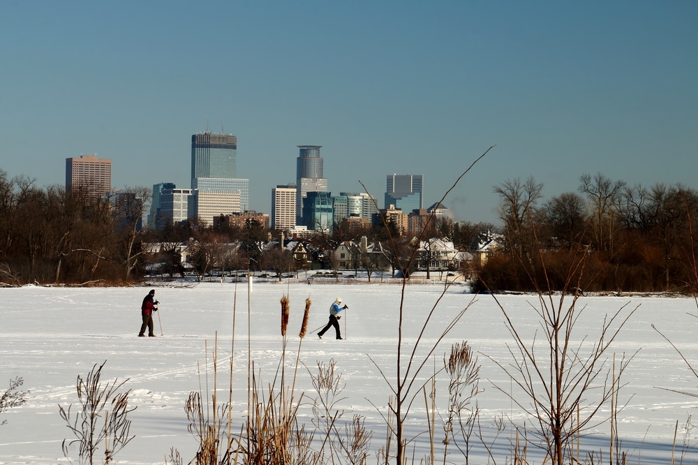 cross-country skiing on a frozen lake - one of the best winter activities in Minnesota