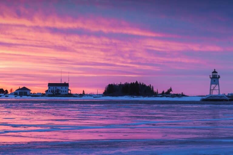 Sunset in Grand Marais, a great place for romantic getaways in Minnesota