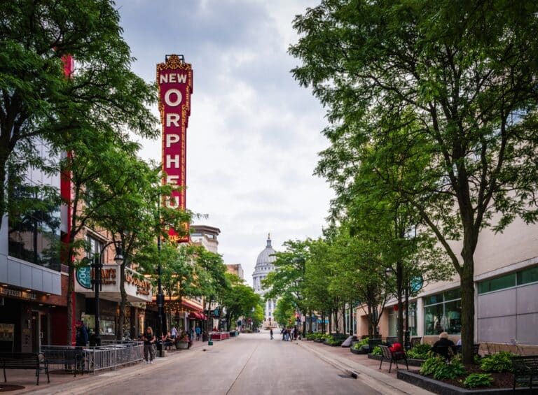 Orpheus Theatre with the state capital in the background - this is one of the best things to do in Madison, Wi