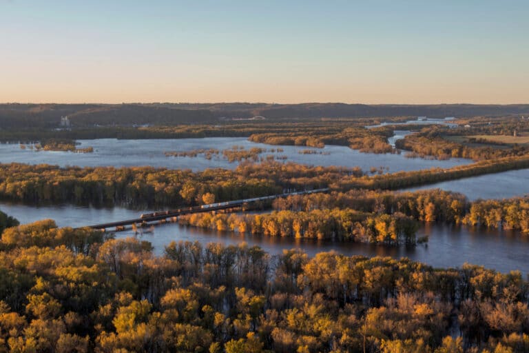 Aerial View of the water convergence at Wyalusing State Park in Wisconsin