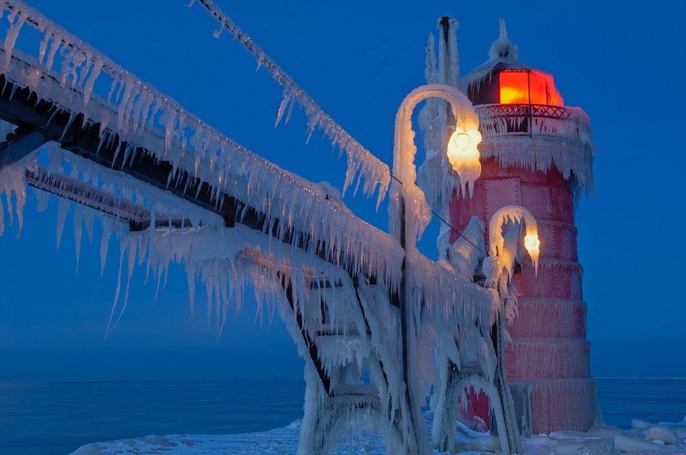 winter Lighthouse frozen over in Michigan
