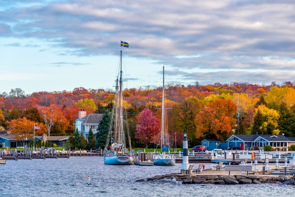 Door County Fall colors visible from the water in Sister Bay