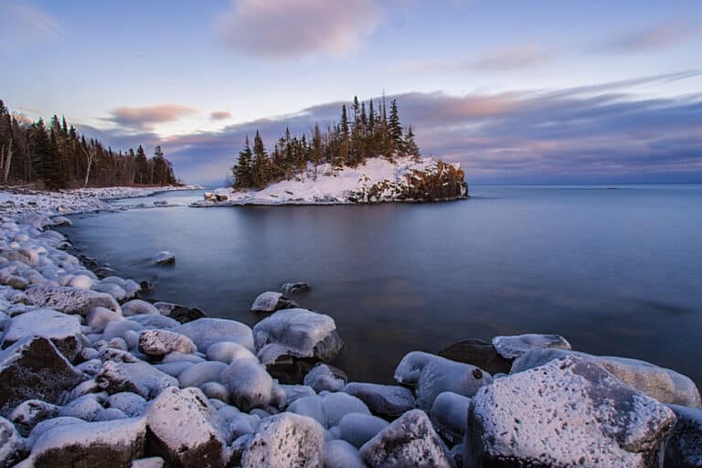 Horseshoe island covered in snow during a beautiful winter in Minnesota